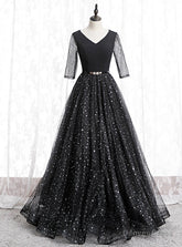 A-Line Black Tulle Sequins V-neck Short Sleeve Prom Dress